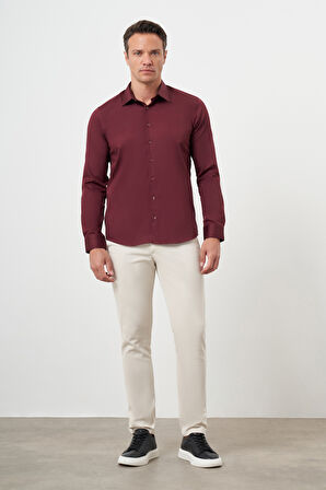 Erkek Bordo Pamuk Düz Desen Sert Yaka Slim Fit  Gömlek