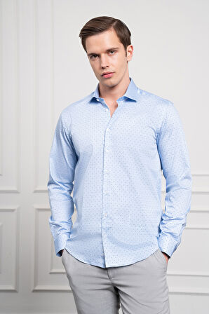  Erkek A. MAVİ Pamuk Baskılı Desenli  İtalyan Yaka Slim Fit Gömlek