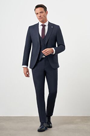  Erkek Lacivert Poliviskon Trend Yelekli Çizgili Desen Slim Fit  Sivri Yaka Takım Elbise