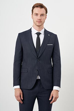  Erkek Lacivert Poliviskon Trend Yelekli Desenli Slim Fit Sivri Yaka Takım Elbise