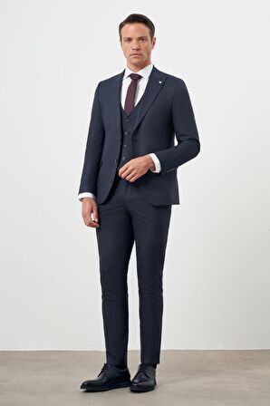  Erkek Lacivert Poliviskon Trend Yelekli Çizgili Desen Slim Fit  Sivri Yaka Takım Elbise