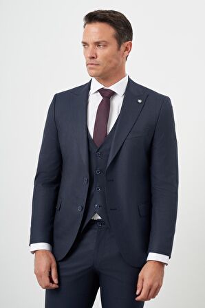  Erkek Lacivert Poliviskon Trend Yelekli Çizgili Desen Slim Fit  Sivri Yaka Takım Elbise