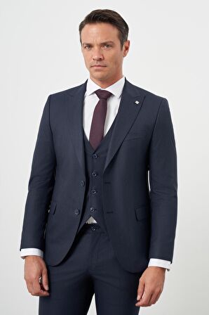  Erkek Lacivert Poliviskon Trend Yelekli Çizgili Desen Slim Fit  Sivri Yaka Takım Elbise