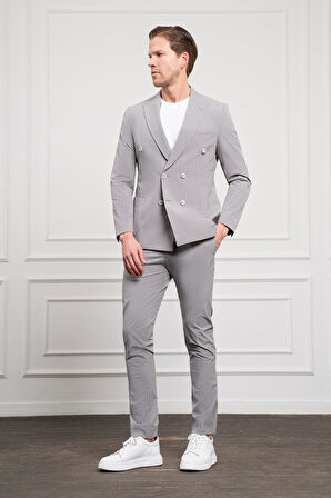  Erkek Gri Polyamide Trend Kruvaze Slim Fit Sivri Yaka Takım Elbise