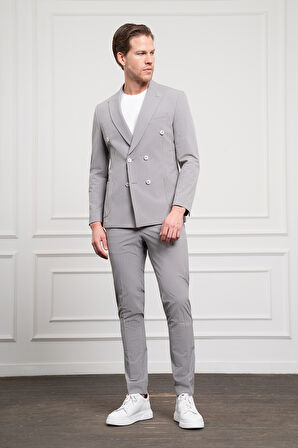  Erkek Gri Polyamide Trend Kruvaze Slim Fit Sivri Yaka Takım Elbise