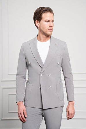 Erkek Gri Polyamide Trend Kruvaze Slim Fit Sivri Yaka Takım Elbise