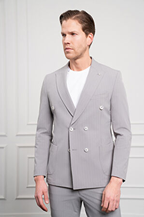  Erkek Gri Polyamide Trend Kruvaze Slim Fit Sivri Yaka Takım Elbise