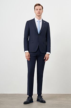  Erkek Lacivert Yünlü Platinium Ekoseli Slim Fit Mono Yaka Takım Elbise