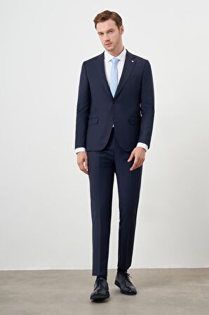  Erkek Lacivert Yünlü Platinium Ekoseli Slim Fit Mono Yaka Takım Elbise