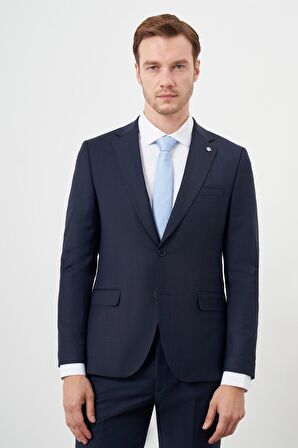  Erkek Lacivert Yünlü Platinium Ekoseli Slim Fit Mono Yaka Takım Elbise