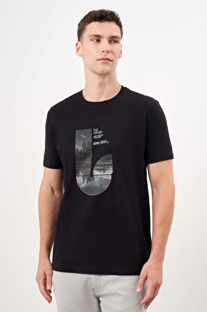  Erkek Siyah Trend Süprem Baskılı Bisiklet Yaka Dynamic Fit T-Shirt