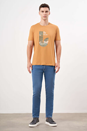  Erkek Hardal Sarısı Trend Süprem Baskılı Bisiklet Yaka Dynamic Fit T-Shirt