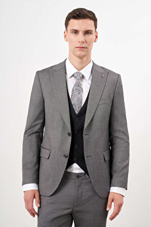  Erkek Siyah Poliviskon Trend Yelekli Kombinli  Sivri Yaka Takım Elbise