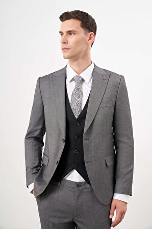  Erkek Siyah Poliviskon Trend Yelekli Kombinli  Sivri Yaka Takım Elbise