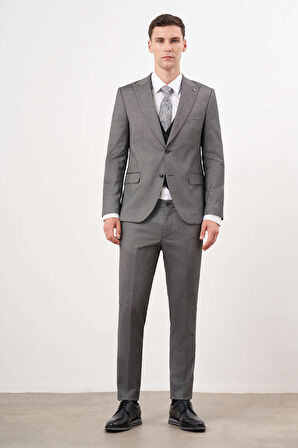  Erkek Siyah Poliviskon Trend Yelekli Kombinli  Sivri Yaka Takım Elbise