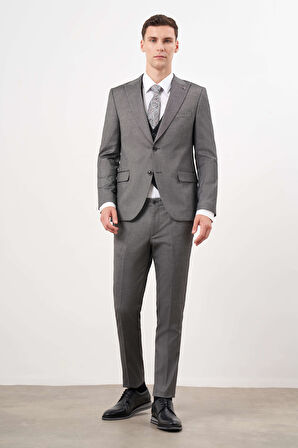  Erkek Siyah Poliviskon Trend Yelekli Kombinli  Sivri Yaka Takım Elbise