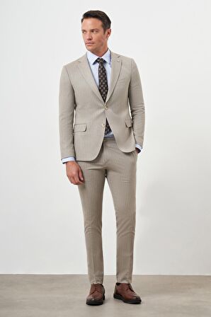  Erkek KAHVE Poliviskon Trend Çizgili Desen Slim Fit Mono Yaka Takım Elbise