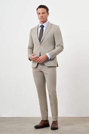  Erkek KAHVE Poliviskon Trend Çizgili Desen Slim Fit Mono Yaka Takım Elbise