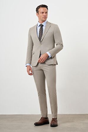  Erkek KAHVE Poliviskon Trend Çizgili Desen Slim Fit Mono Yaka Takım Elbise