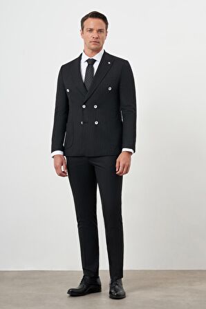  Erkek Siyah Poliviskon Trend Kruvaze Slim Fit Sivri Yaka Takım Elbise