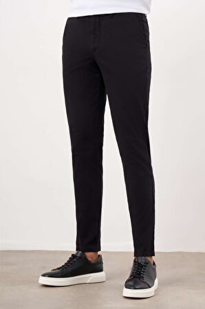  Erkek Siyah Mevsimlik Pamuk Yan Cep Slim Fit Chino Pantolon