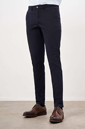  Erkek Lacivert Mevsimlik Pamuk Yan Cep Slim Fit Chino Pantolon