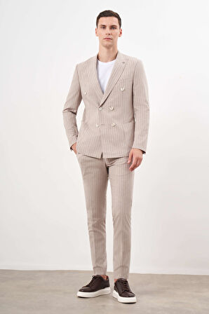  Erkek KAHVE Keten Trend Kruvaze Slim Fit Sivri Yaka Takım Elbise