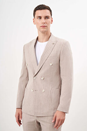  Erkek KAHVE Keten Trend Kruvaze Slim Fit Sivri Yaka Takım Elbise