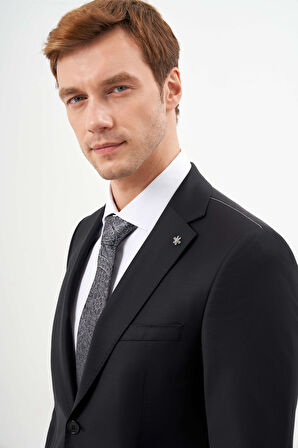  Erkek Siyah Yünlü Platinium Düz Desen Slim Fit Mono Yaka Takım Elbise