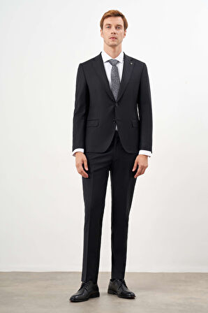  Erkek Siyah Yünlü Platinium Düz Desen Slim Fit Mono Yaka Takım Elbise