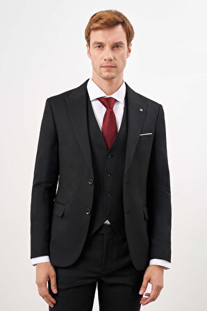  Erkek Siyah Poliviskon Basic Yelekli Jakar Desen Slim Fit Sivri Yaka Takım Elbise