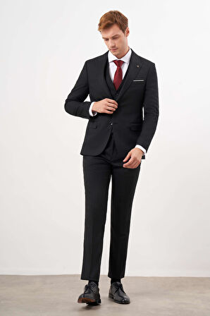  Erkek Siyah Poliviskon Basic Yelekli Jakar Desen Slim Fit Sivri Yaka Takım Elbise
