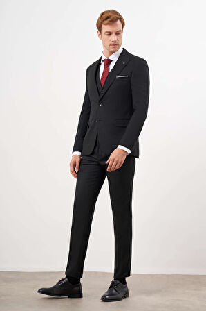  Erkek Siyah Poliviskon Basic Yelekli Jakar Desen Slim Fit Sivri Yaka Takım Elbise