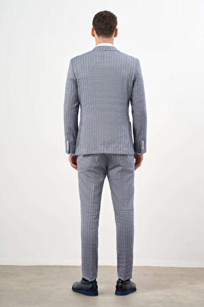  Erkek Lacivert Keten Trend Kruvaze Slim Fit Sivri Yaka Takım Elbise