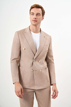  Erkek Vizon Keten Trend Kruvaze Slim Fit Sivri Yaka Takım Elbise