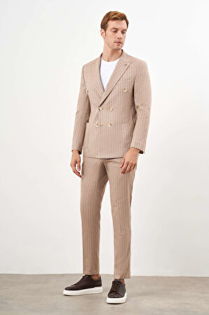  Erkek Vizon Keten Trend Kruvaze Slim Fit Sivri Yaka Takım Elbise