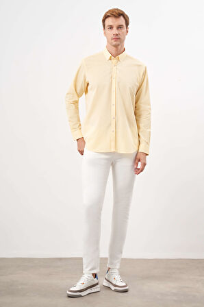  Erkek Sarı Pamuk Çizgili Panolu Düğmeli Yaka Regular Fit Gömlek
