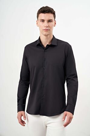  Erkek Siyah Basic Düz Desen İtalyan Yaka Slim Fit Gömlek