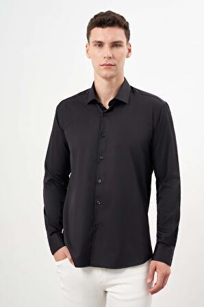  Erkek Siyah Basic Düz Desen İtalyan Yaka Slim Fit Gömlek