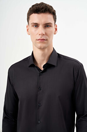 Erkek Siyah Basic Düz Desen İtalyan Yaka Slim Fit Gömlek