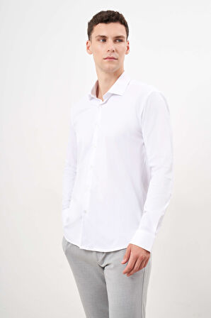  Erkek Beyaz Basic Düz Desen İtalyan Yaka Slim Fit Gömlek