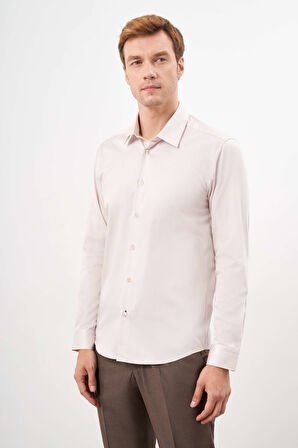  Erkek Bej Pamuk Düz Desen Sert Yaka Slim Fit  Gömlek