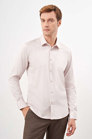  Erkek Bej Pamuk Düz Desen Sert Yaka Slim Fit  Gömlek