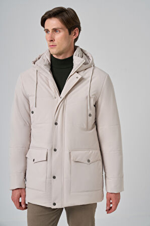  Erkek Gri Poliamit Çıtçıtlı Kapüşonlu Mont