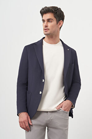  Erkek Lacivert Örme Slim Fit Torba Cep Mono Yaka Spor Ceket
