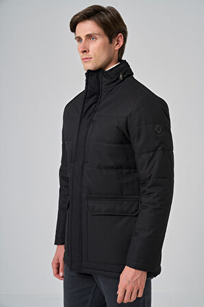  Erkek Siyah Polyester Çıtçıtlı Kapüşonlu Mont