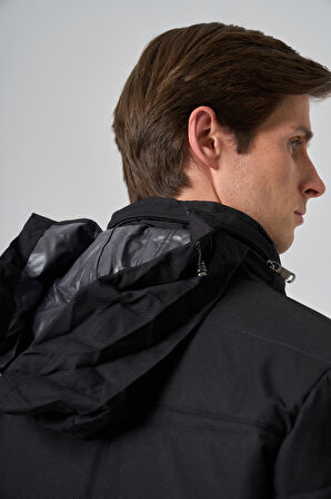  Erkek Siyah Polyester Çıtçıtlı Kapüşonlu Mont