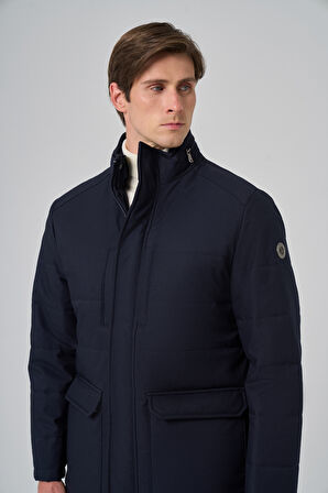  Erkek Lacivert Polyester Çıtçıtlı Kapüşonlu Mont
