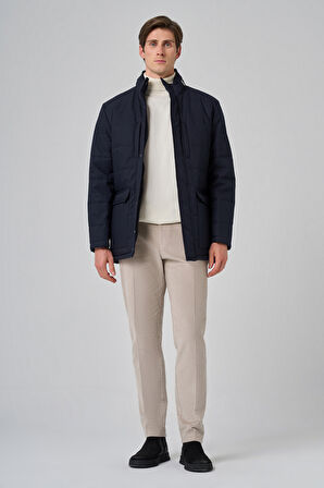  Erkek Lacivert Polyester Çıtçıtlı Kapüşonlu Mont