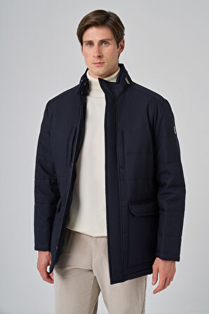  Erkek Lacivert Polyester Çıtçıtlı Kapüşonlu Mont